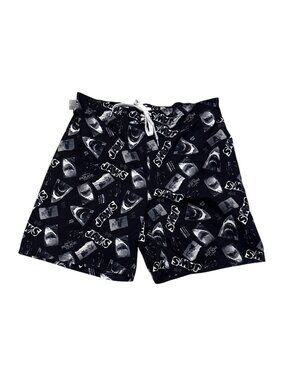 Jaws Swim Shorts Mens Lrg Black Shark Pattern Drawstring Waist Universal Studio